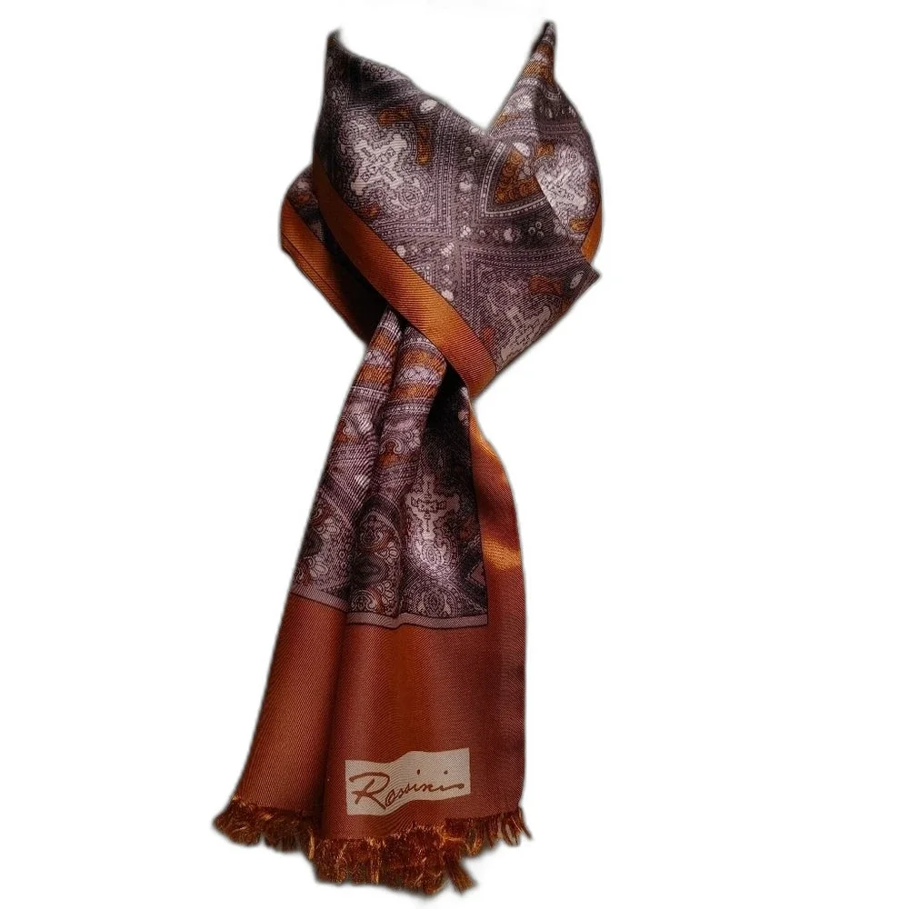 Vintage Rossini Pure Silk Long Scarf Auburn Taupe Boho Fall Quiet Luxury